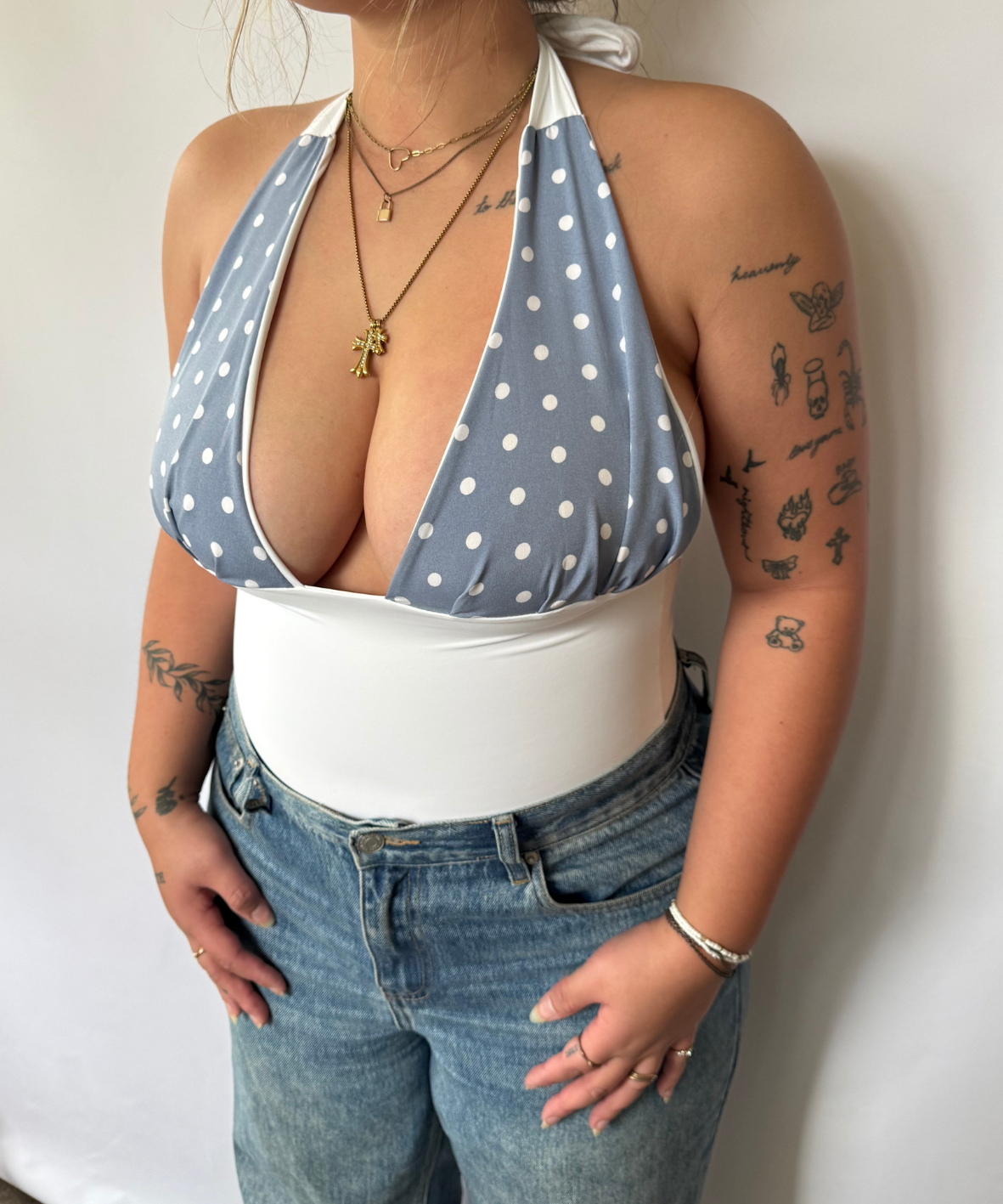 Baby Blue Polka Dot Halter Top White (M/L)