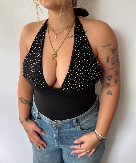 Crinkle Polka Dot Halter Top Black (M/L)