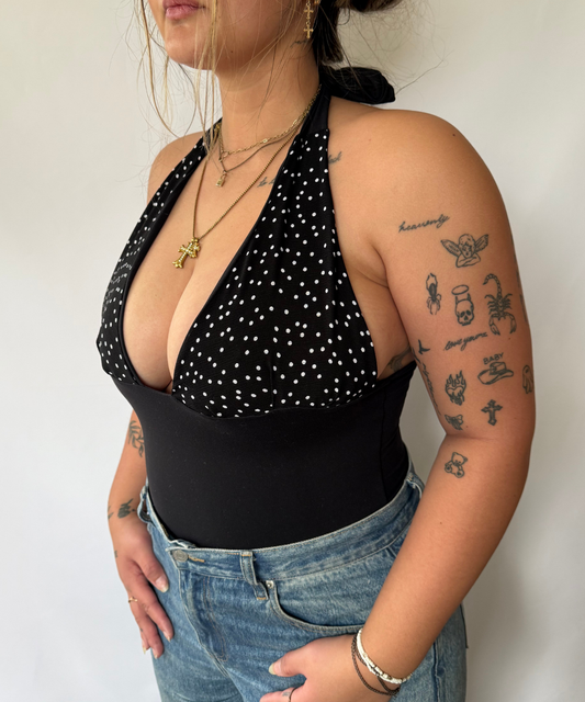 Crinkle Polka Dot Halter Top Black (M/L)