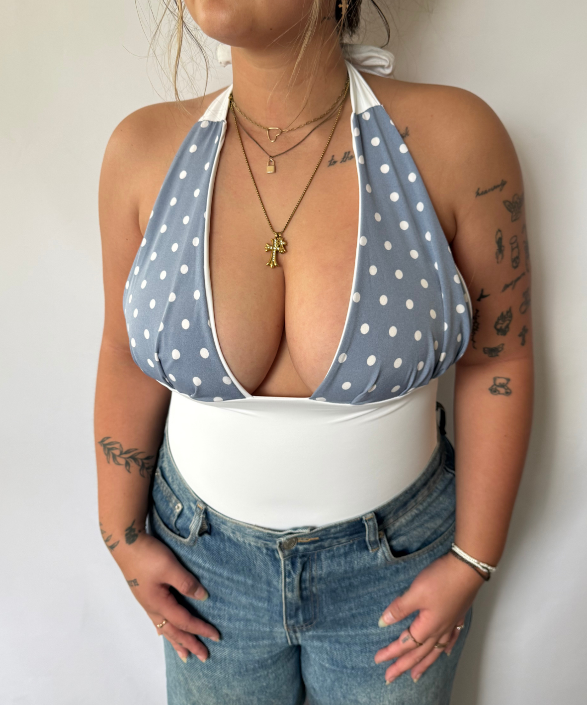 Baby Blue Polka Dot Halter Top White (M/L)