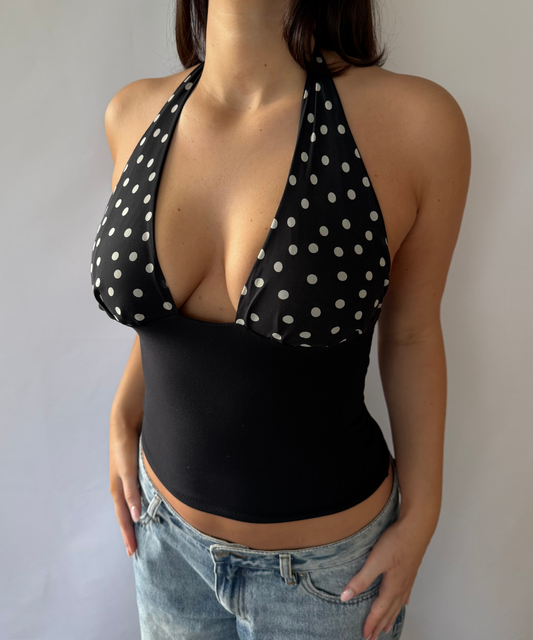 Chiffon Polka Dot Halter Top Black (S/M)