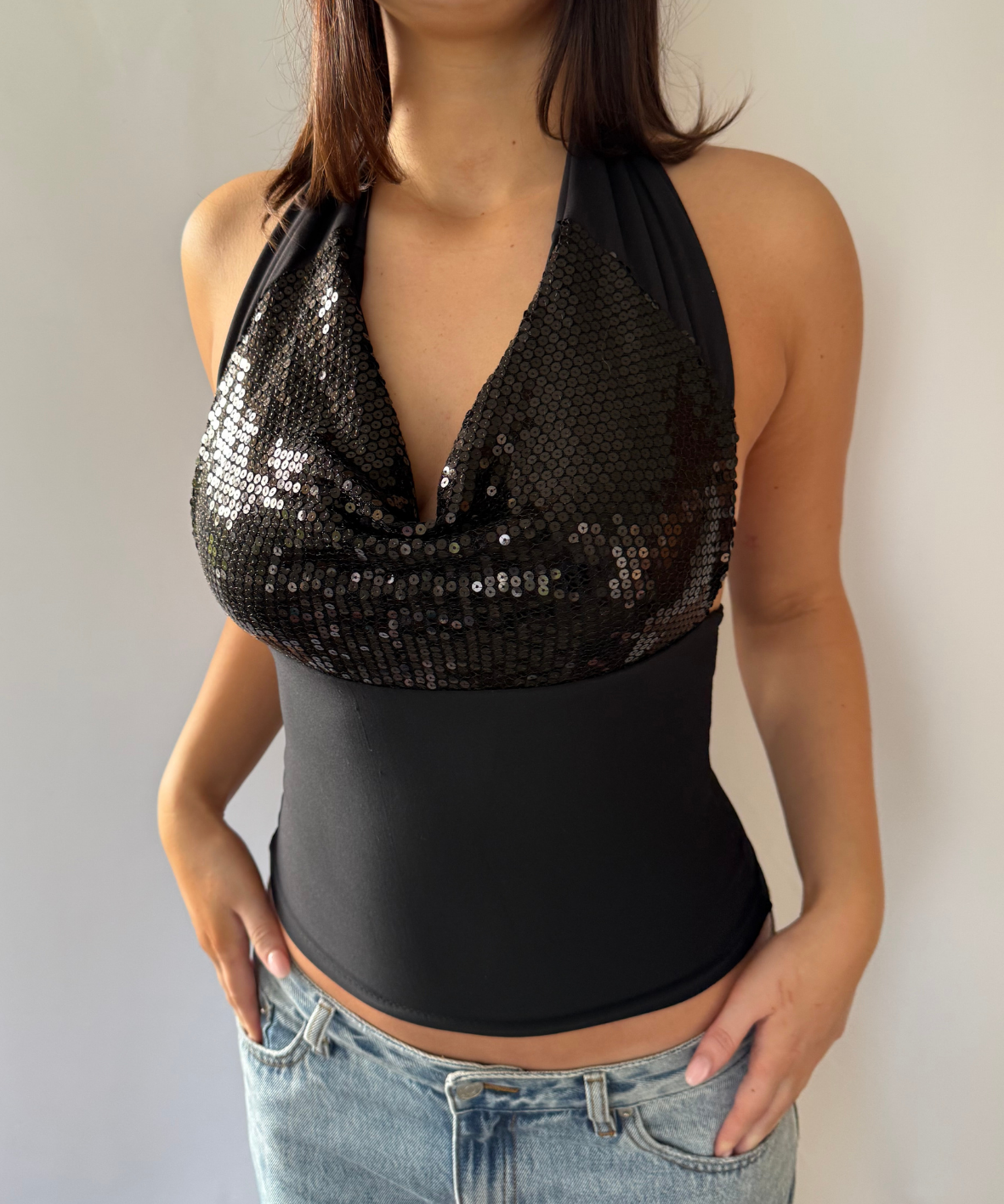 Sequin Cowl Neck Halter Black (S/M)