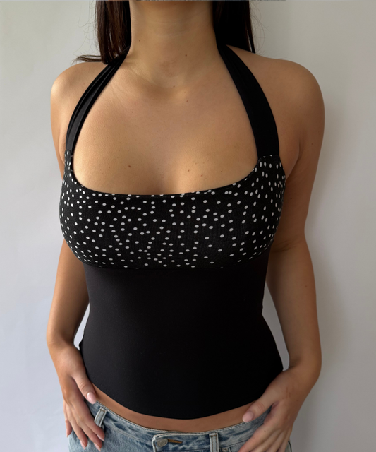 Soft Polka Dot Square Halter Top Black (S/M)