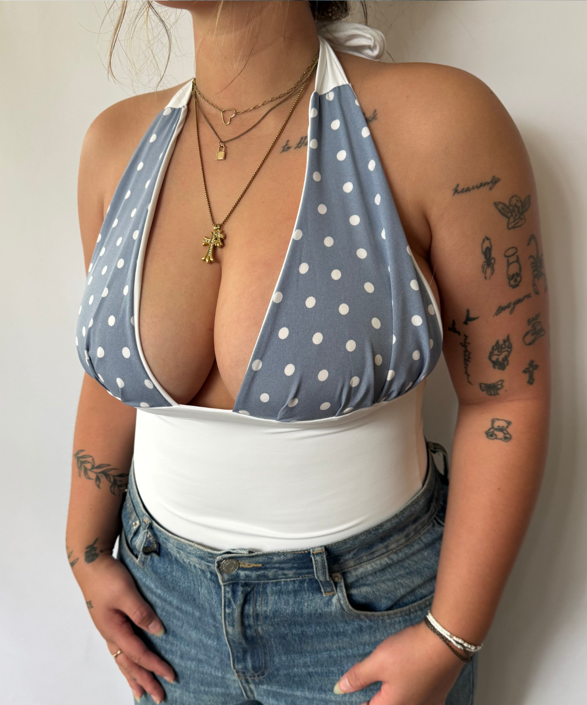 Baby Blue Polka Dot Halter Top White (M/L)