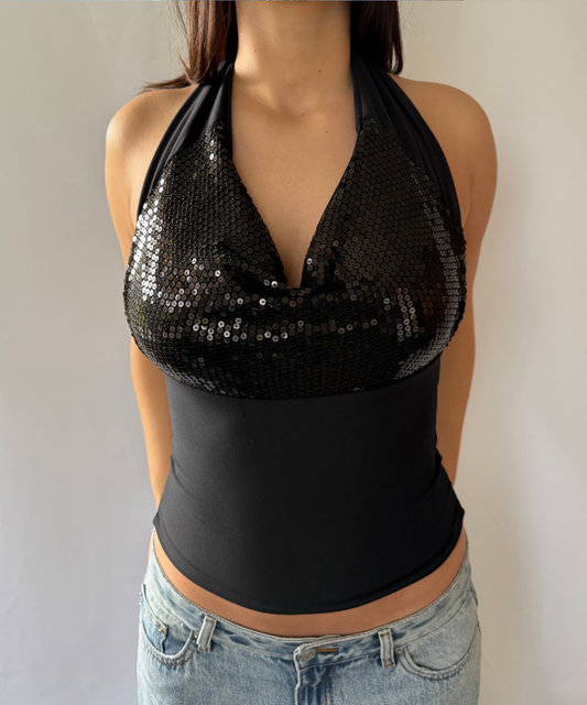 Sequin Cowl Neck Halter Black (S/M)