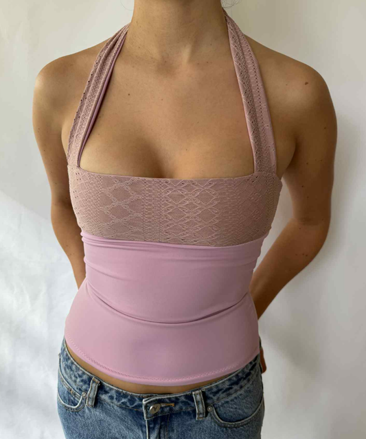 Embroidered Square Halter Top Pink (XS/S)