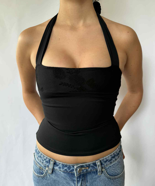 Flower Mesh Square Halter Top Black (XS/S)