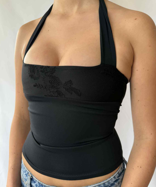Flower Mesh Square Halter Top Black (XS/S)