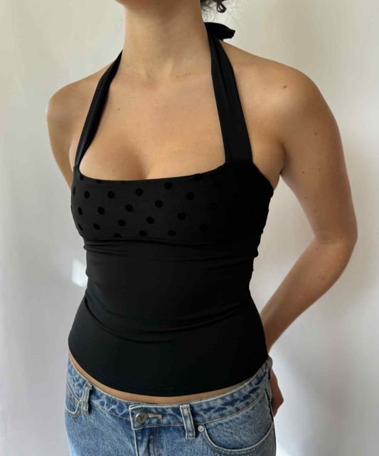 Mesh Polka Dot Square Halter Top Black (XS/S)