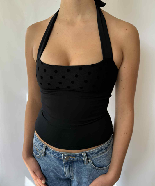 Mesh Polka Dot Square Halter Top Black (XS/S)