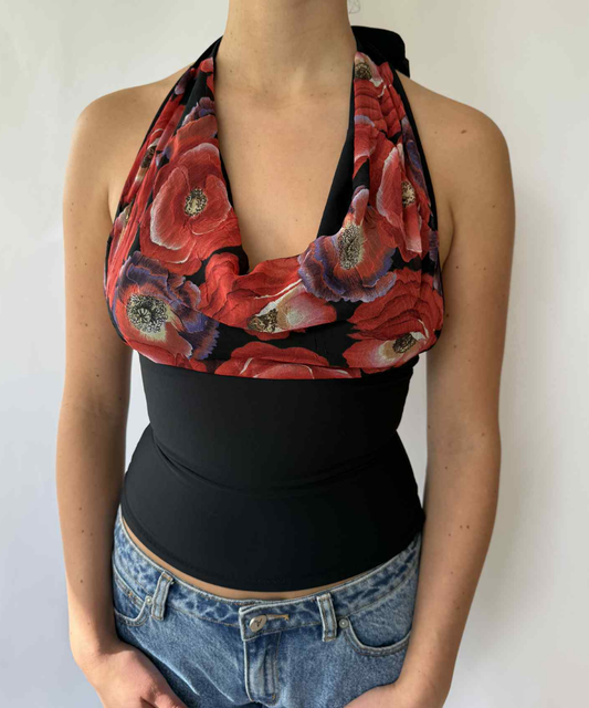 Rose Cowl Neck Halter Top Black (XS/S)