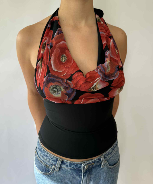 Rose Cowl Neck Halter Top Black (XS/S)