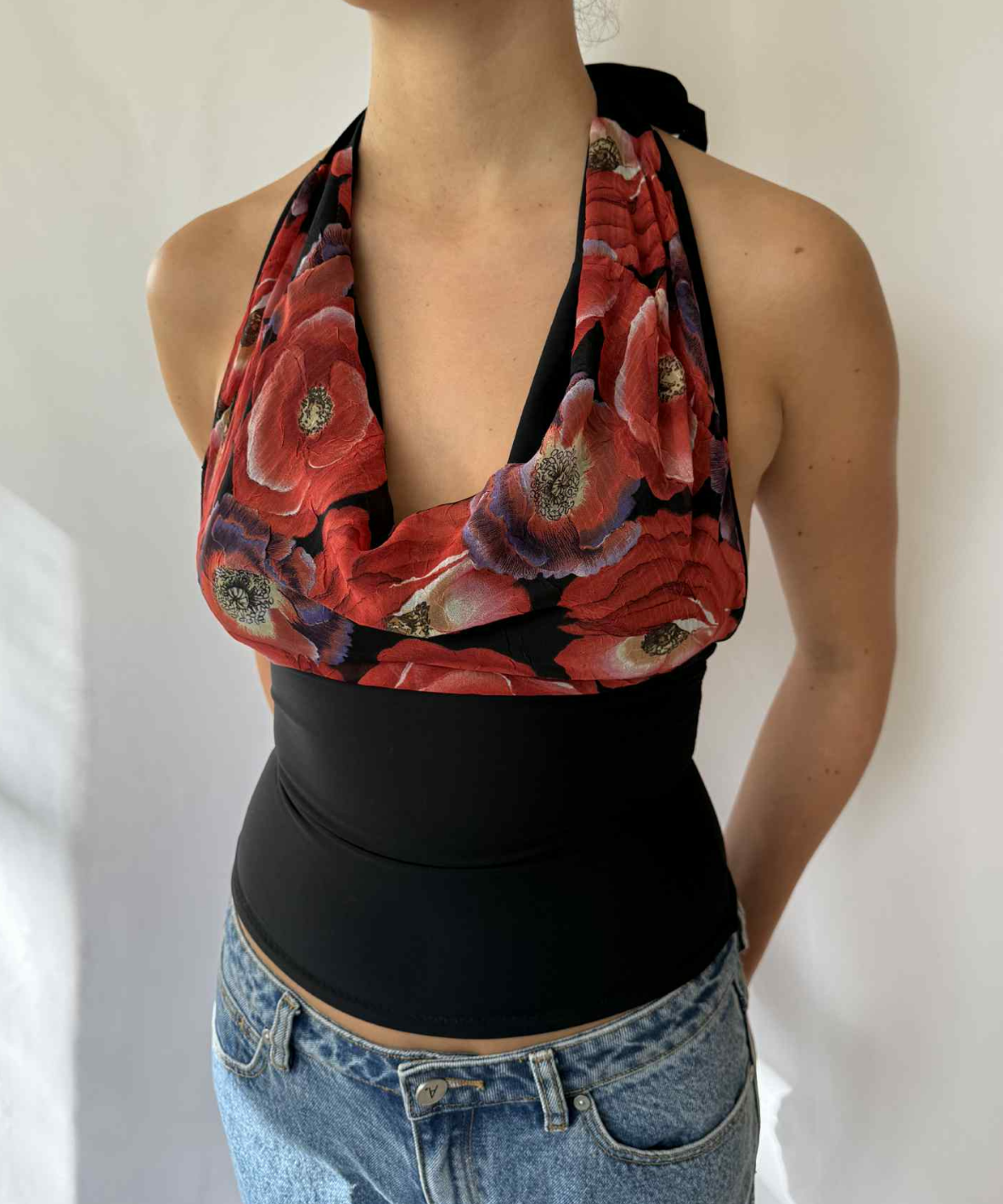 Rose Cowl Neck Halter Top Black (XS/S)