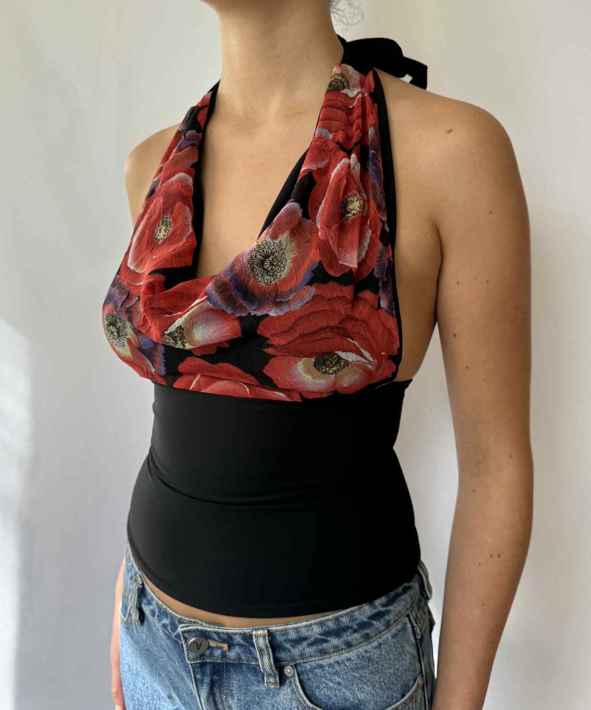 Rose Cowl Neck Halter Top Black (XS/S)